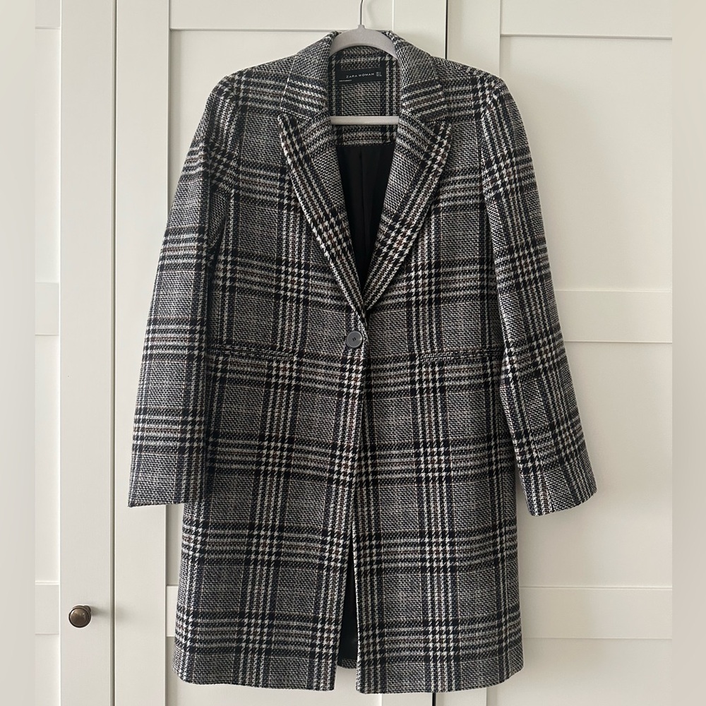Zara Plaid Houndstooth Wool Blend Coat